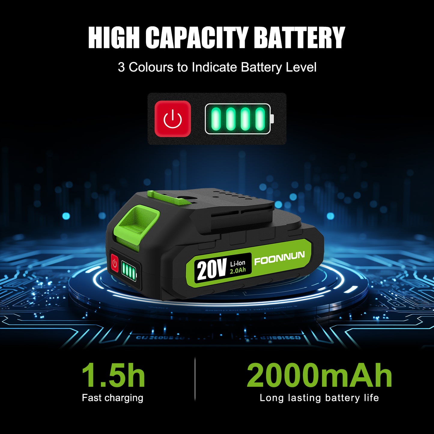 FOONNUN Battery 2.0 Ah Lithium-Ion, For FOONNUN Cordless tools