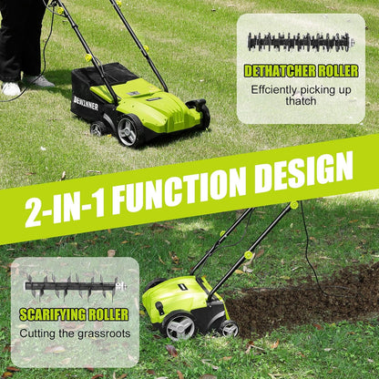 DEWINNER 1500W Electric Scarifier Blunder, 2 in 1 Scarifier Electric Aerator, 3200 RPM, with 2 Replacement Blades Included, Pickup Tray 30L, Adjustable Depth - 4 Depths