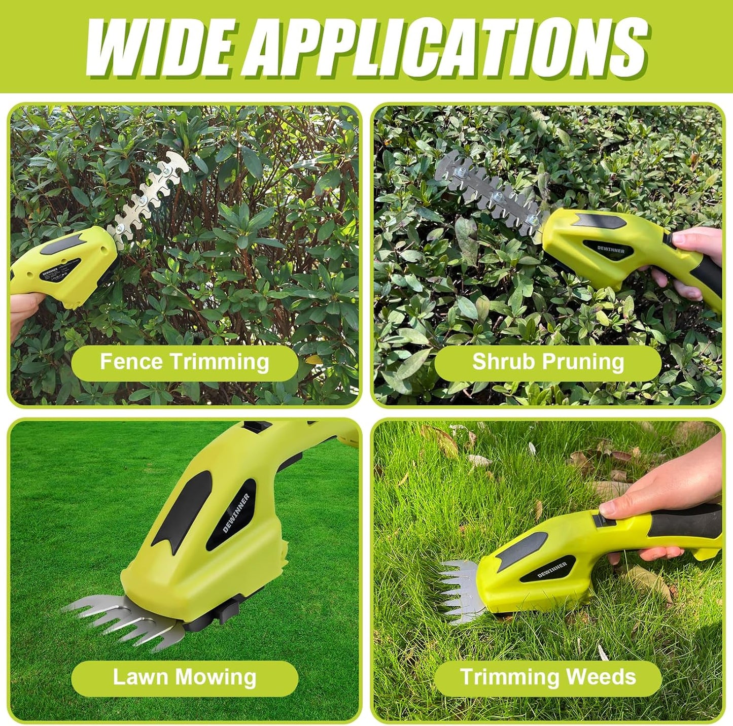 Dewinner 3-in-1 Lawn Shears, 3.6 V Battery, Lawn Shears with 2 Blades, Garden Shears for Cutting Hedges, Lawns, Cutting Width/Length 10 cm/15 cm, Includes Charger
