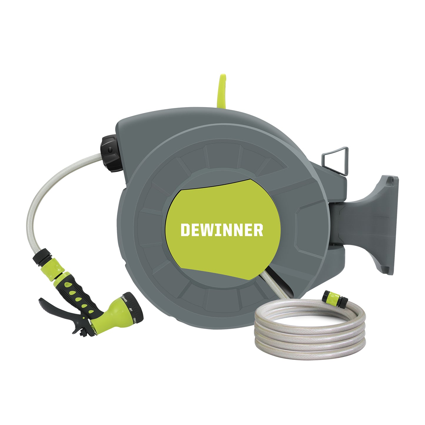 DEWINNER Garden Hose Reel, Auto Rewind Wall-Mounted Reel, Hose Locking Mechanism, 180° Swivel Pivot , 25M Hose Pipe+2M Tap Connect Hose for Outdoor Watering