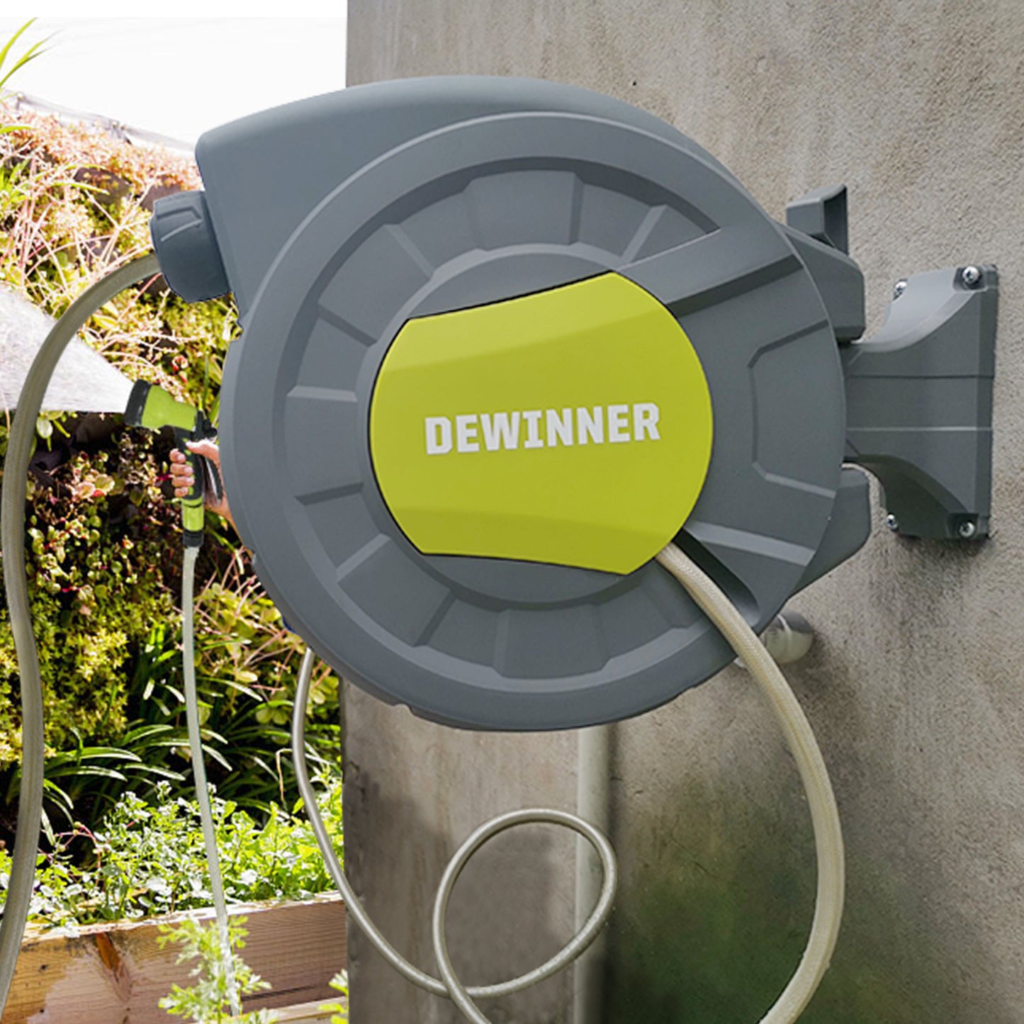 DEWINNER Garden Hose Reel, Auto Rewind Wall-Mounted Reel, Hose Locking Mechanism, 180° Swivel Pivot , 25M Hose Pipe+2M Tap Connect Hose for Outdoor Watering