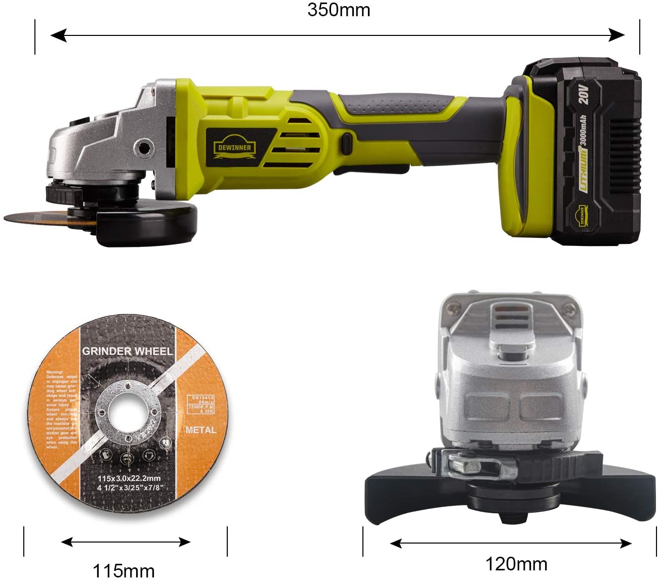 DEWINNER Cordless Angle Grinder, 4 ½", 2-Position Adjustable Auxiliary Handle, Electric Brake,20V,8500 RPM w/ 3.0Ah Lithium-Ion Battery & Fast Charger,