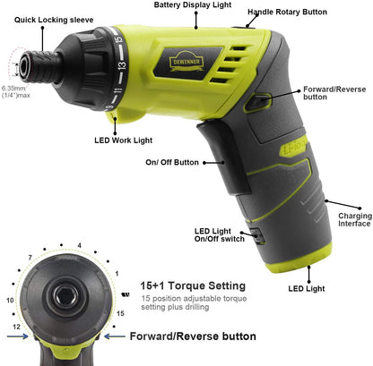 DEWINNER 2in1 Electric Screwdriver Cordless Screwdriver Lithium ion Battery Drill Driver Set 1300 mAh, Variable Speed with Built-in LED