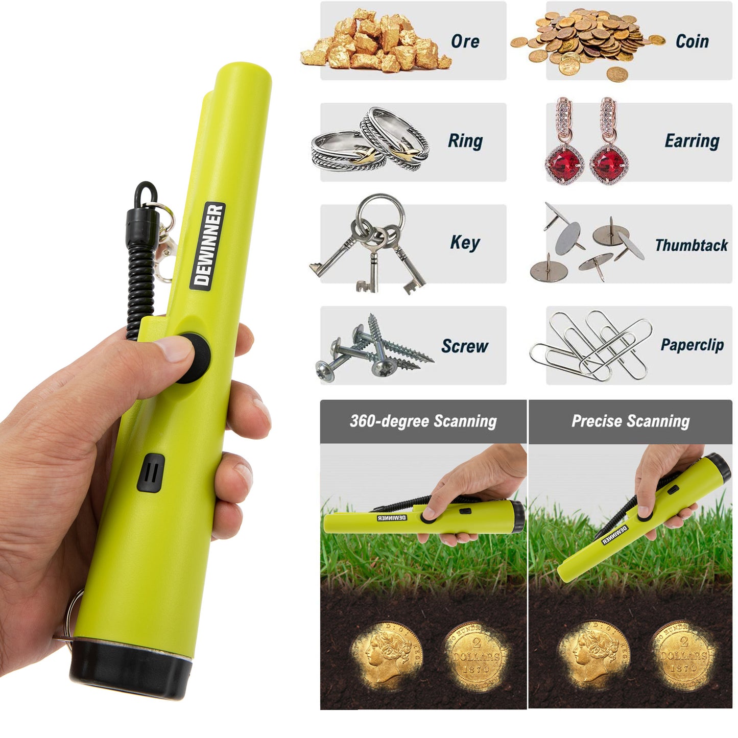 DEWINNER Metal Detector Pinpointing Finder Probe, 360° Search High Accuracy Treasure Bounty Hunting for Adults Junior Kids